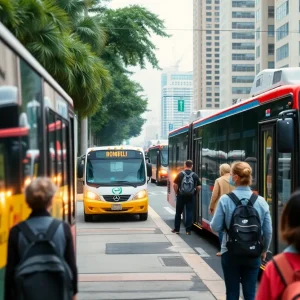 Scene of Jacksonville public transit with buses and residents.