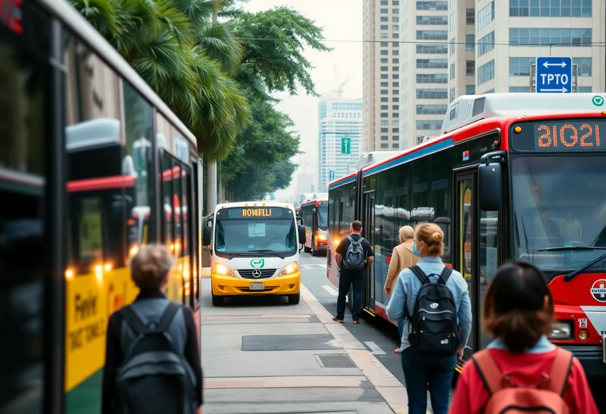 Scene of Jacksonville public transit with buses and residents.