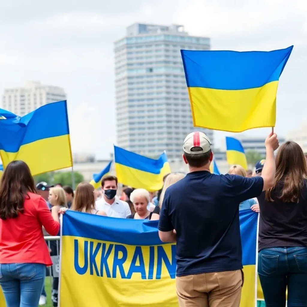 Community members gathering in Jacksonville holding Ukrainian flags.