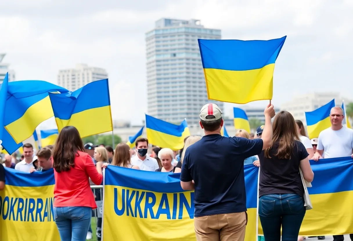 Community members gathering in Jacksonville holding Ukrainian flags.