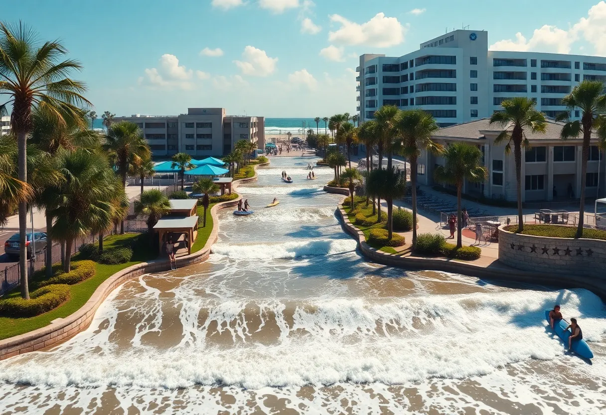 Conceptual image of the Jacksonville Surf Park with surfing area and community amenities.