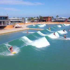 Concept design of Jacksonville Surf Park with surfers and amenities