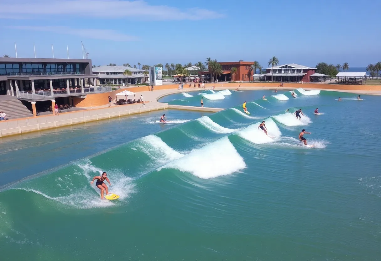 Concept design of Jacksonville Surf Park with surfers and amenities
