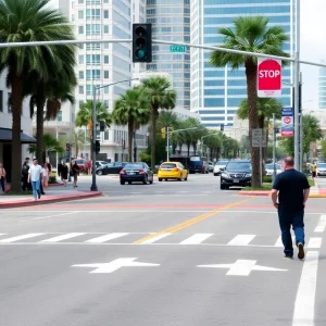 Jacksonville urban street scene with two-way traffic