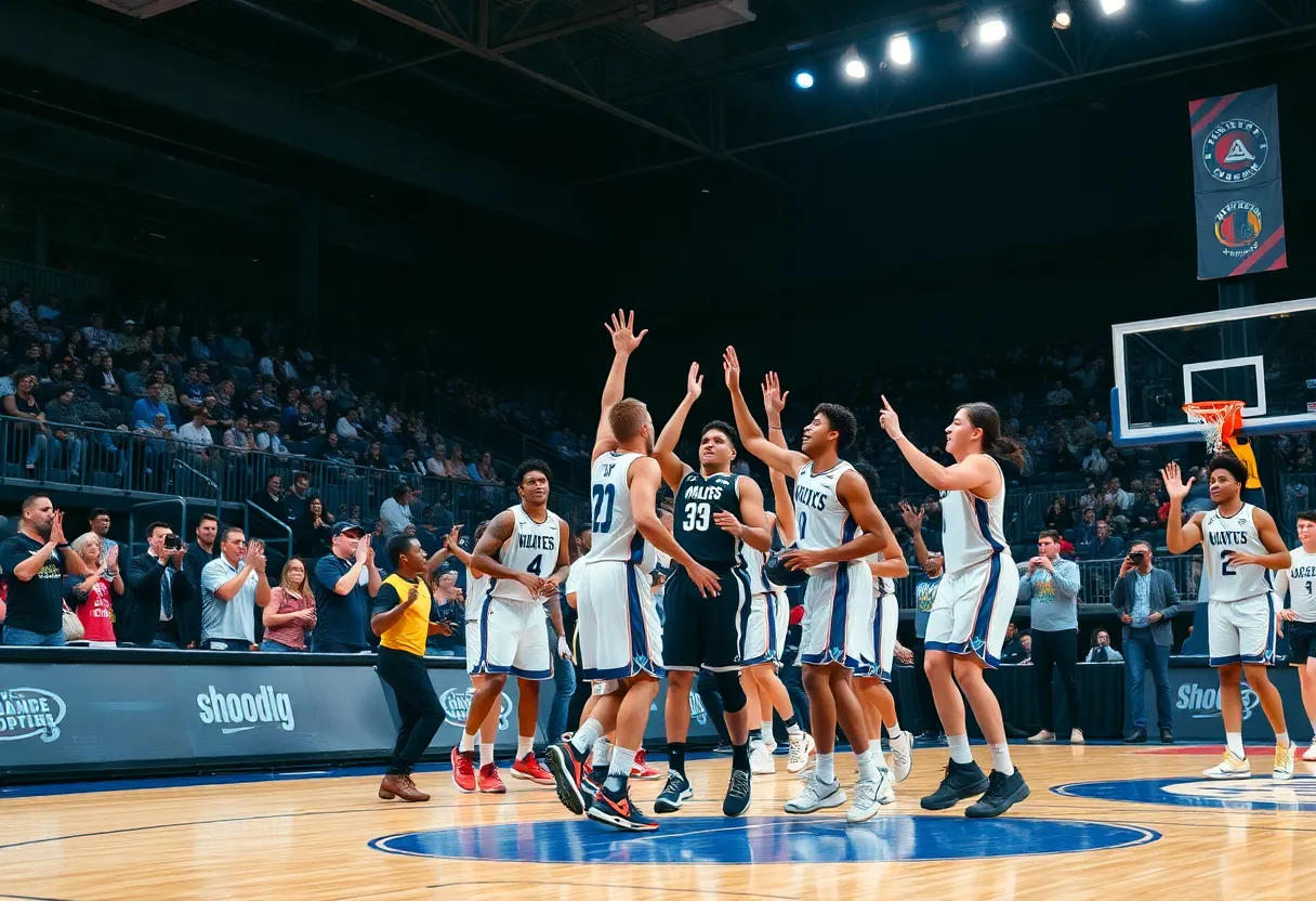 Players celebrating a victory at Jacksonville University basketball game