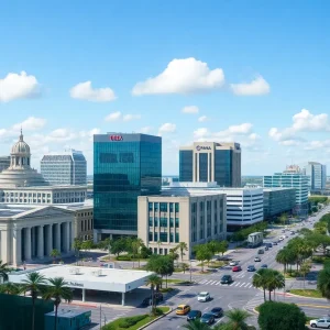 Urban landscape of Jacksonville featuring government buildings related to oversight.