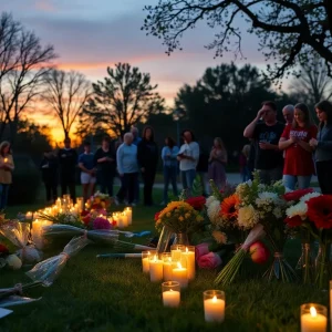 Community members gather for a vigil in memory of a young cheerleader, holding candles and flowers.