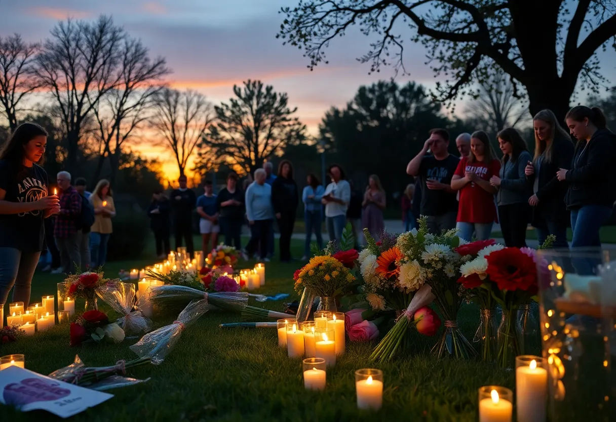Community members gather for a vigil in memory of a young cheerleader, holding candles and flowers.