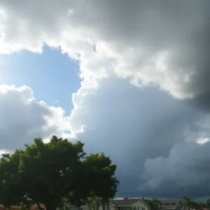 Split image showing sunny weather in Jacksonville and dark storm clouds approaching.