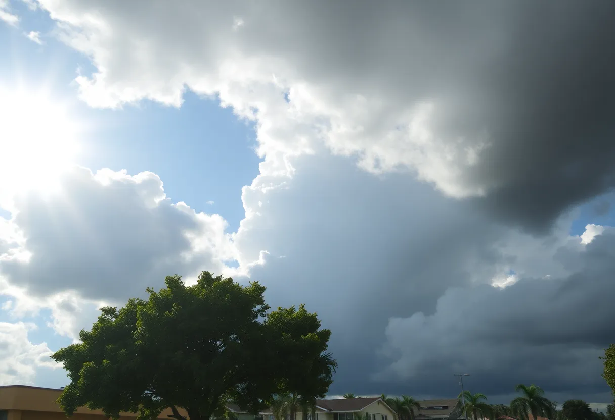 Split image showing sunny weather in Jacksonville and dark storm clouds approaching.