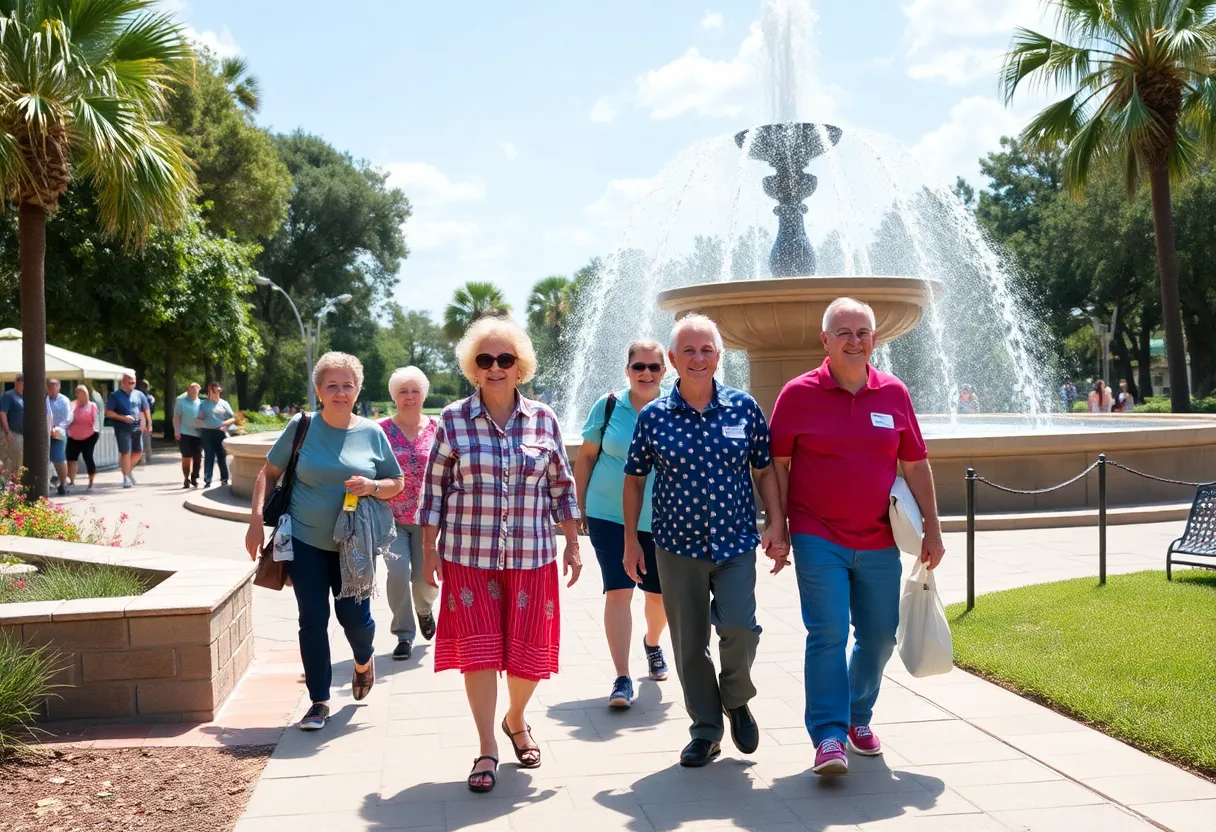 Seniors walking at Friendship Fountain during Wellness Walk