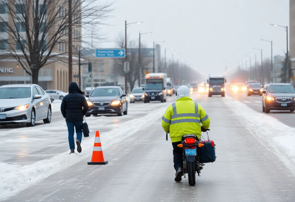 Winter landscape in Jacksonville with snow and ice on roads