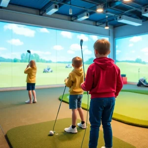 Interior view of the First Tee Gamechanger Clubhouse with kids playing golf indoors.