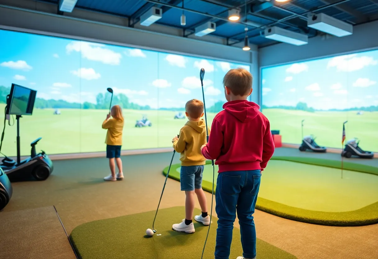 Interior view of the First Tee Gamechanger Clubhouse with kids playing golf indoors.