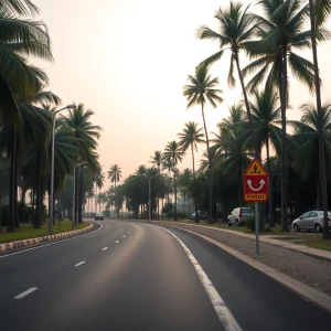 A calm and serene roadway in Jacksonville with palm trees and safety signs.