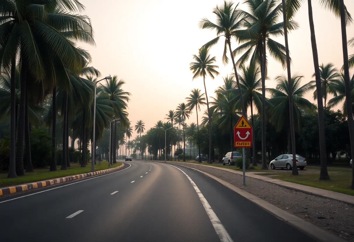 A calm and serene roadway in Jacksonville with palm trees and safety signs.
