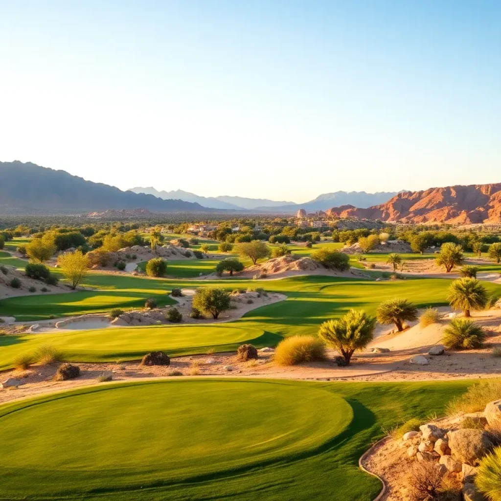 A scenic view of a golf course in Las Vegas with golfers playing.