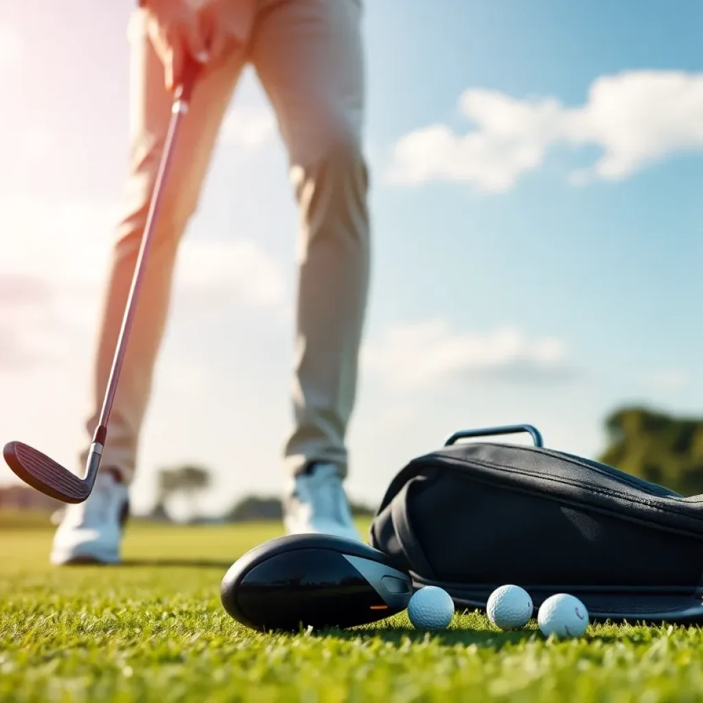 An array of modern golf gear displayed on a golf course.