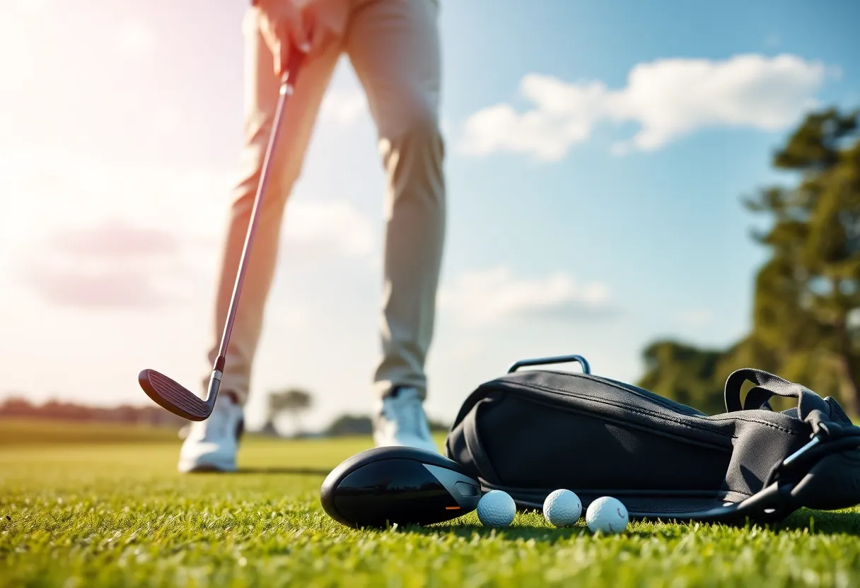 An array of modern golf gear displayed on a golf course.