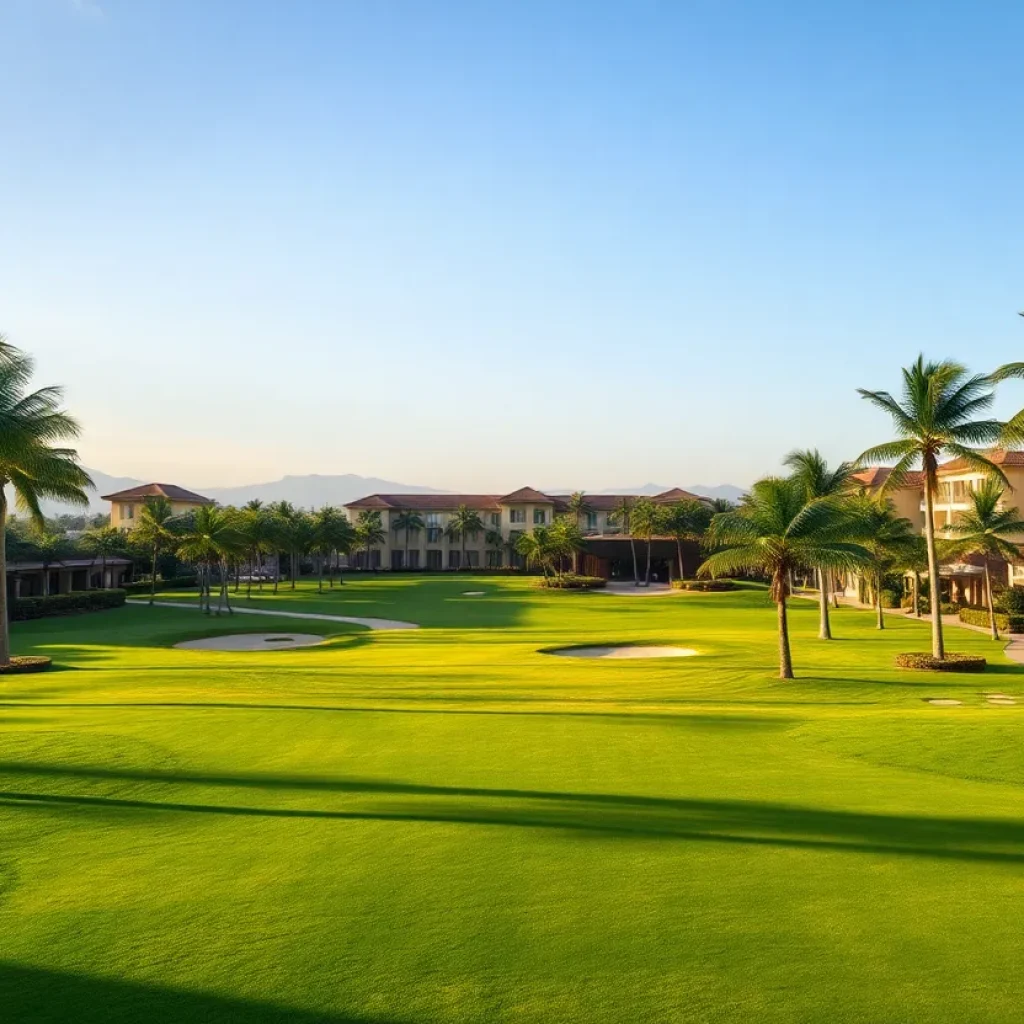 A scenic beach view with a golf course suggesting leisure