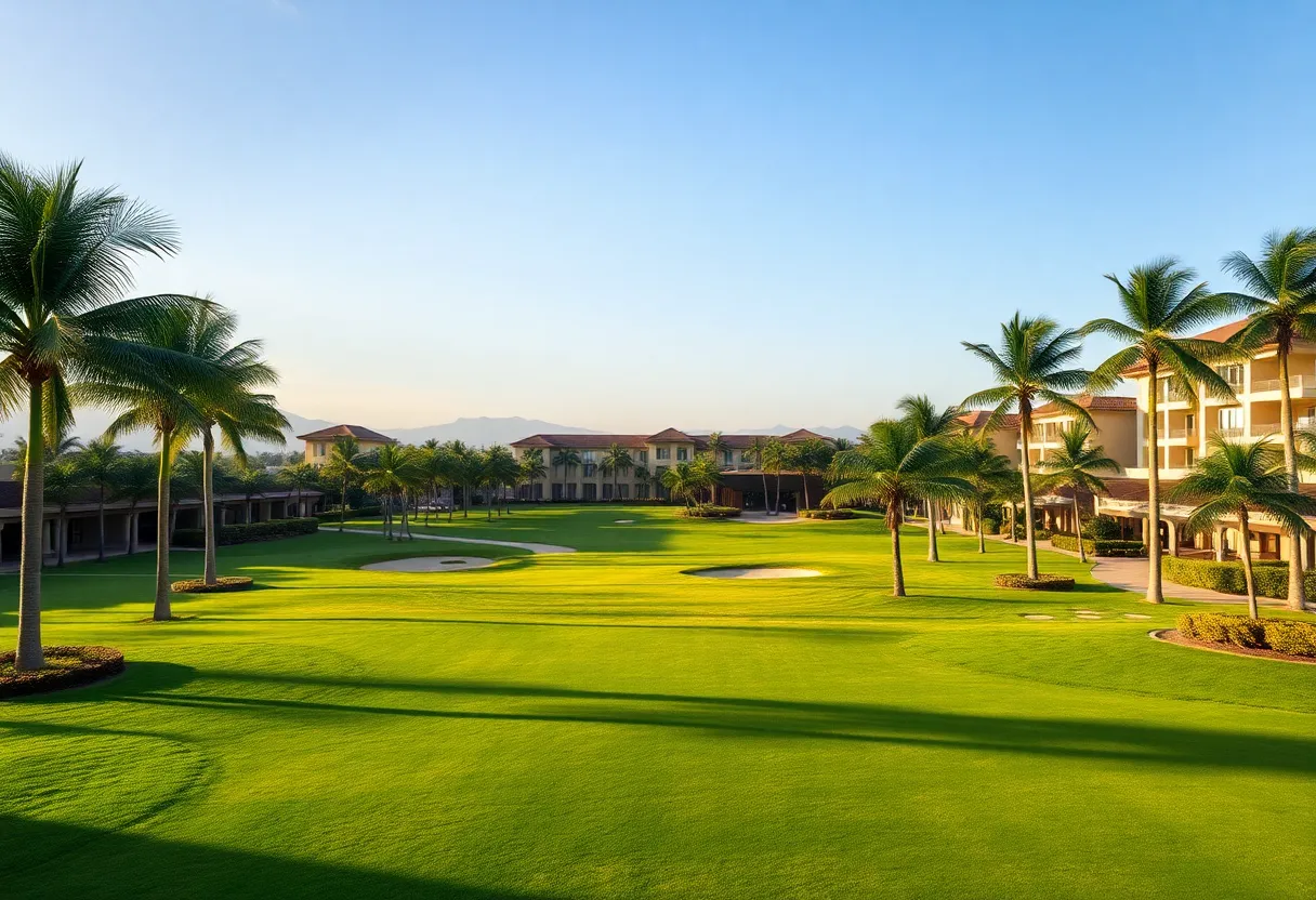 A scenic beach view with a golf course suggesting leisure