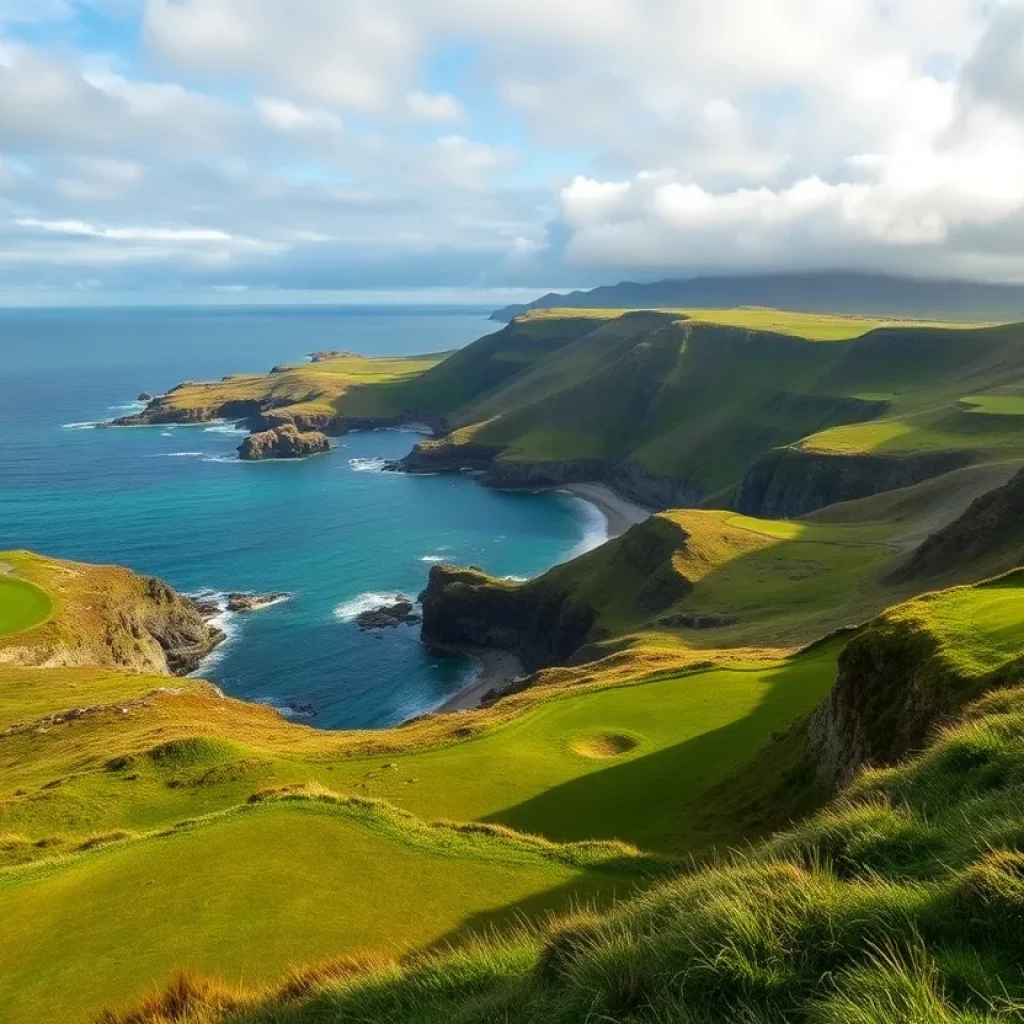 Links golf course in Northwest Ireland showcasing rugged terrain and scenic views.