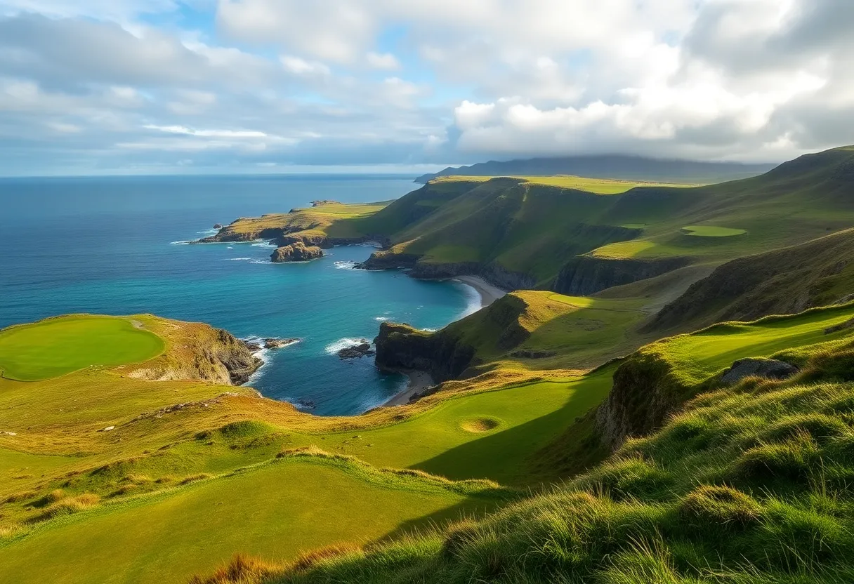 Links golf course in Northwest Ireland showcasing rugged terrain and scenic views.
