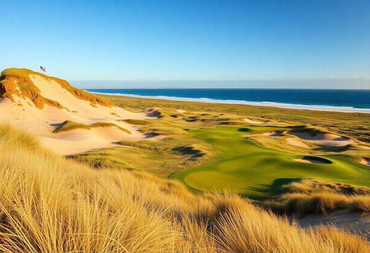 A panoramic view of the MacLeod Golf Course featuring sand dunes and greenery.