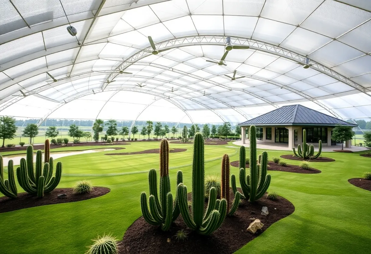 Rendering of the Megalodome indoor golf course with domes and clubhouse.