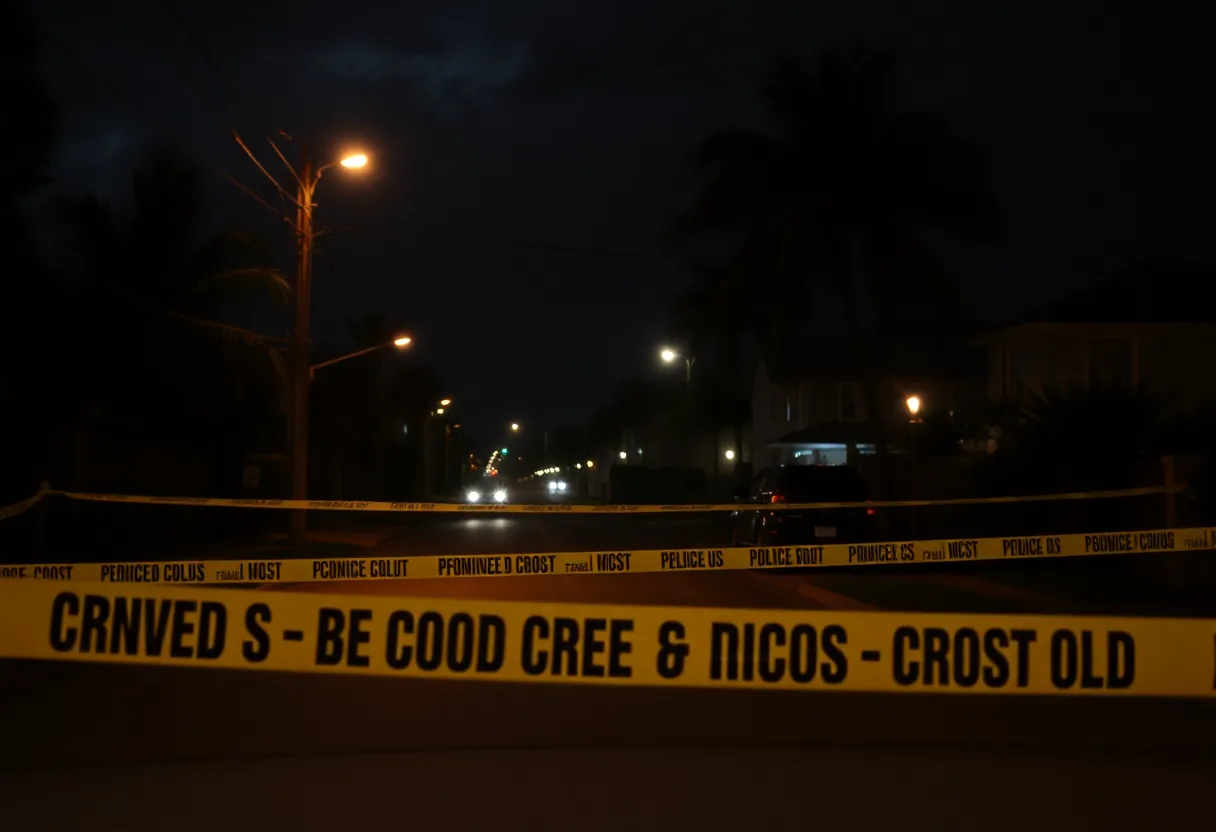 Miami neighborhood with police tape representing a murder investigation