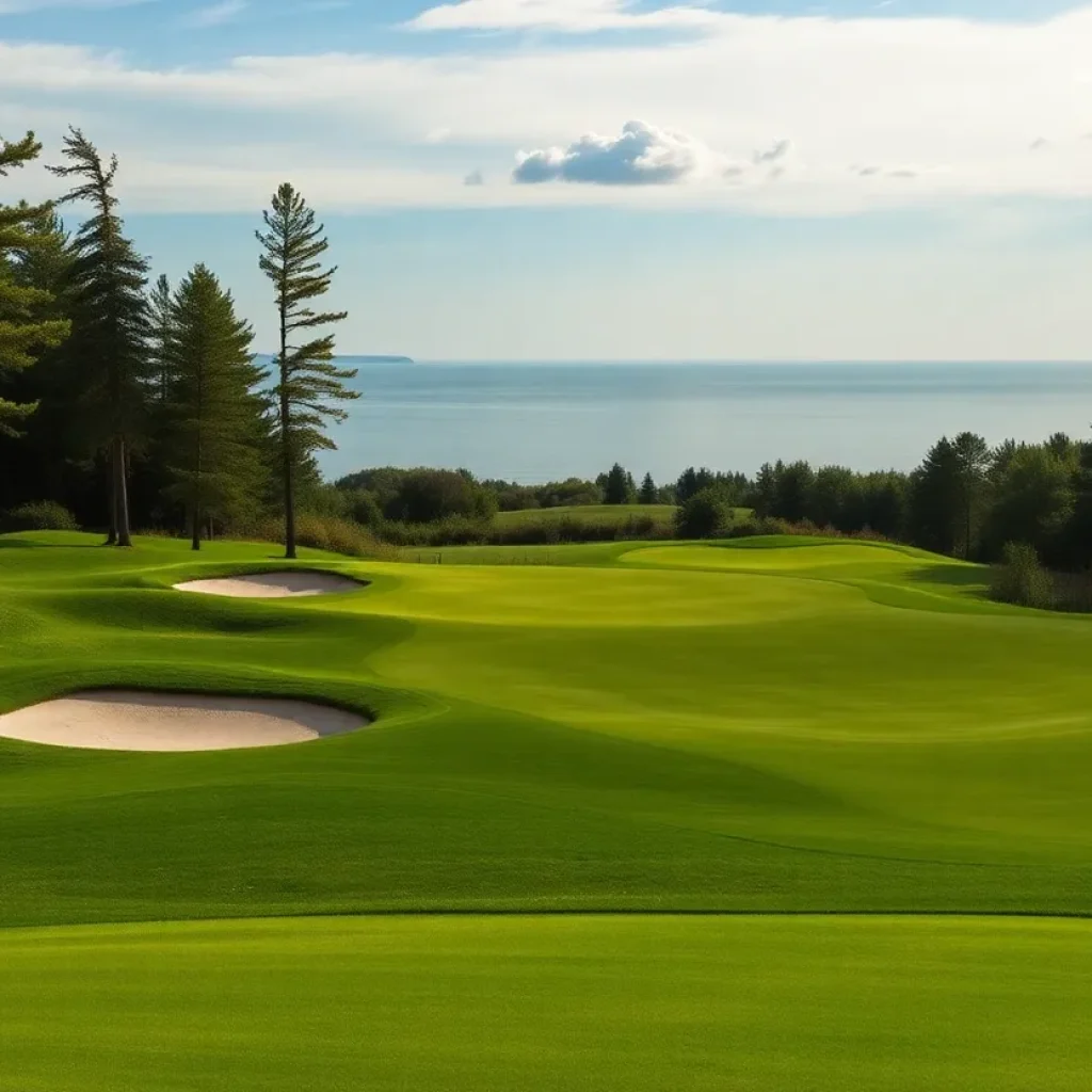 Aerial view of a picturesque Michigan golf course with trees and a lake