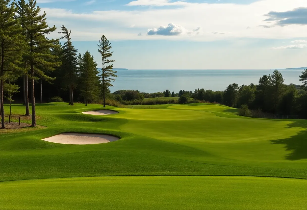Aerial view of a picturesque Michigan golf course with trees and a lake