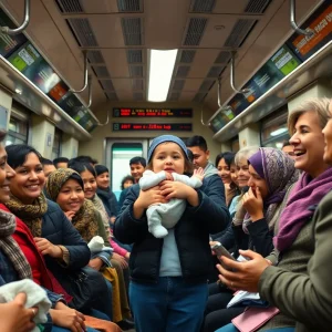 A New York City subway with passengers witnessing a miraculous birth