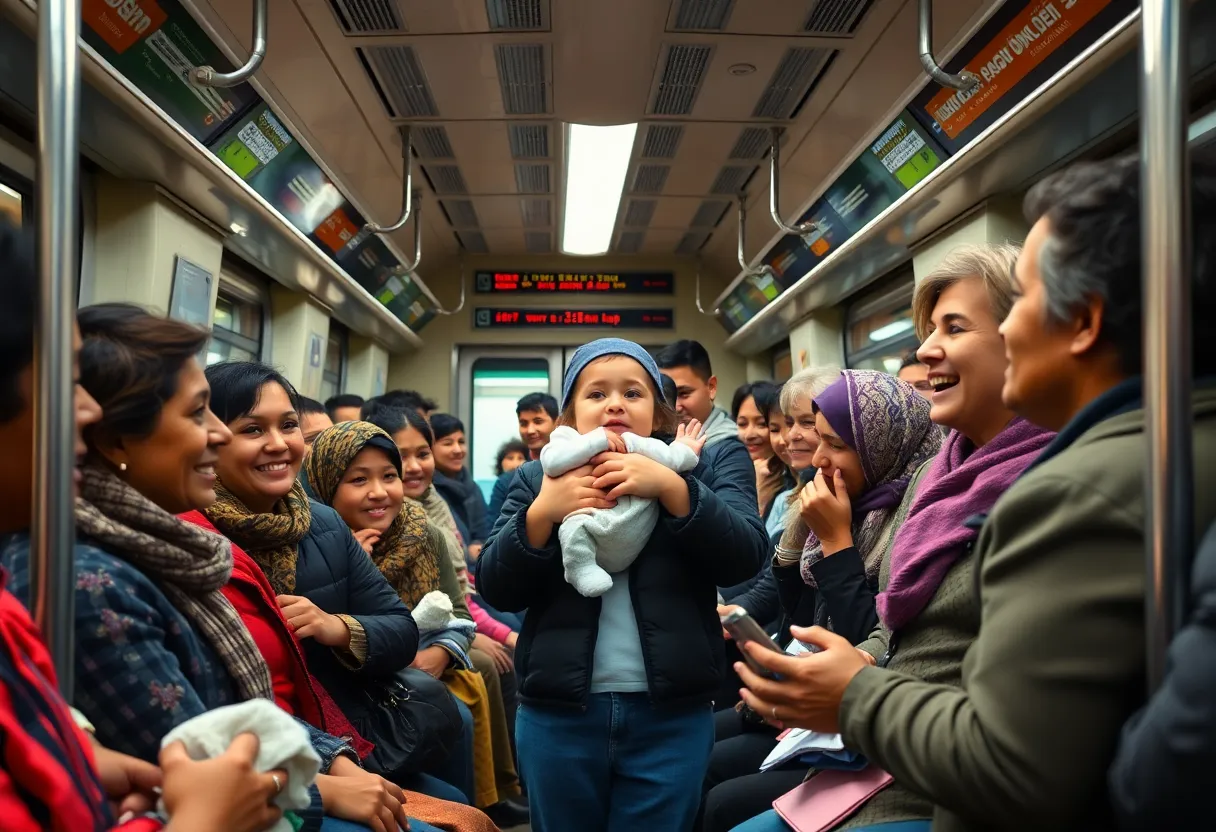 A New York City subway with passengers witnessing a miraculous birth