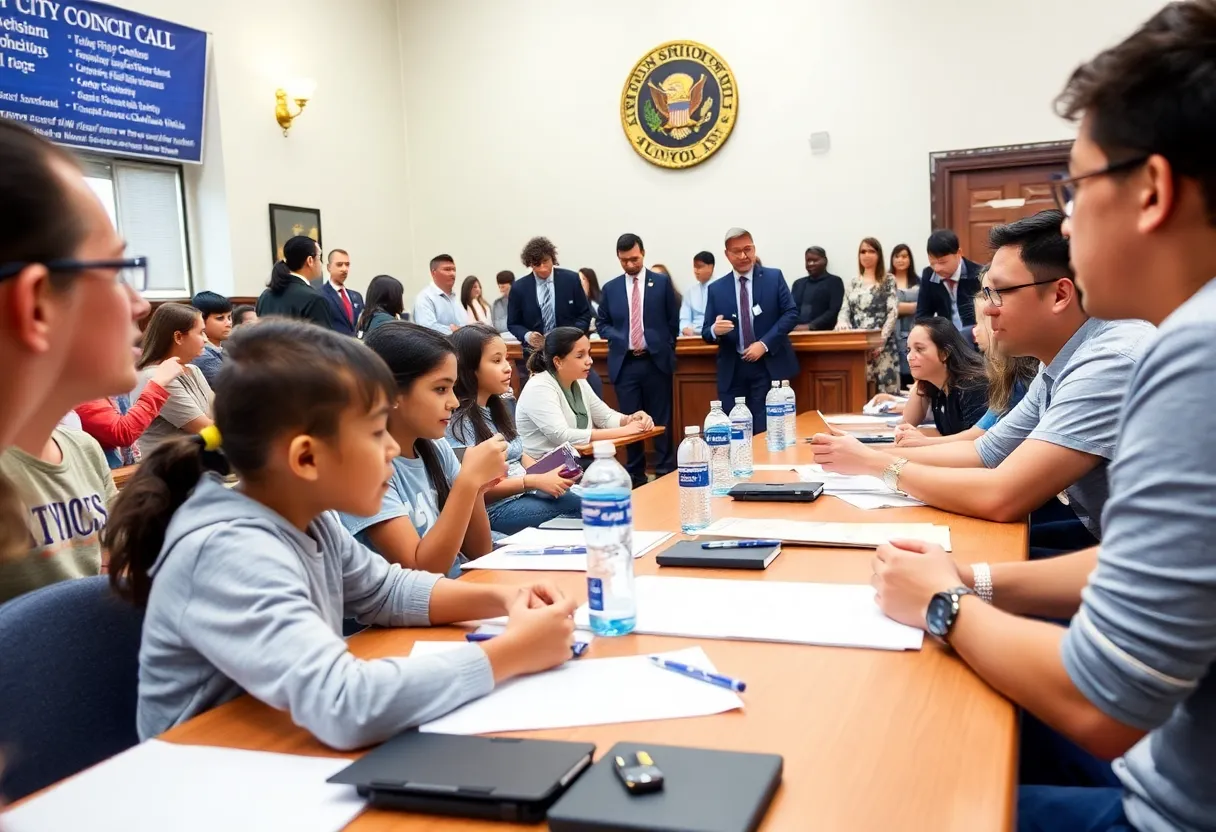 Students participating in a mock city council session at Jacksonville City Hall