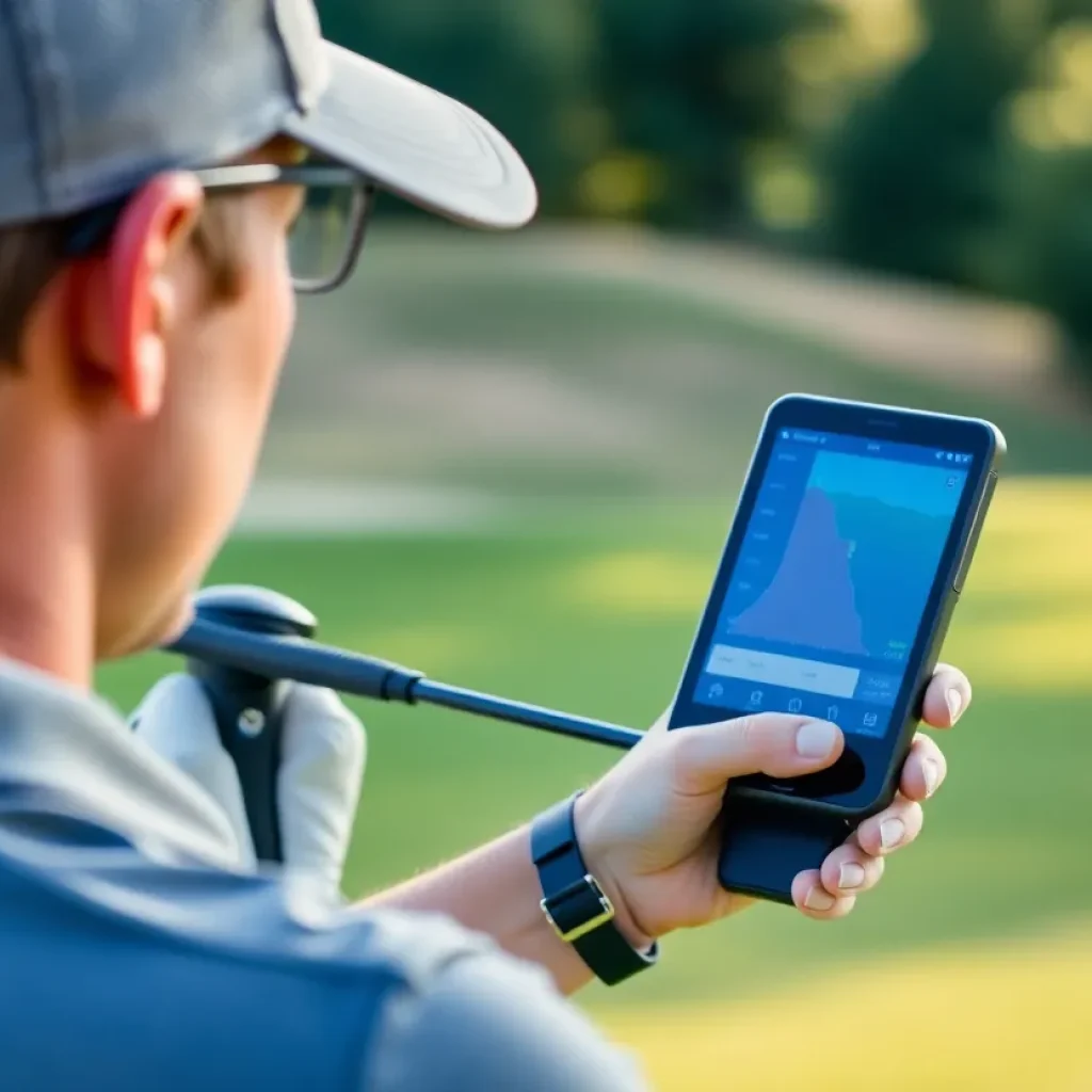 Golfers using new golfing technology such as smart clubs and GPS devices.