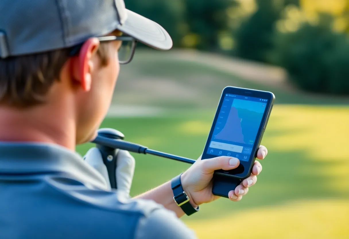Golfers using new golfing technology such as smart clubs and GPS devices.
