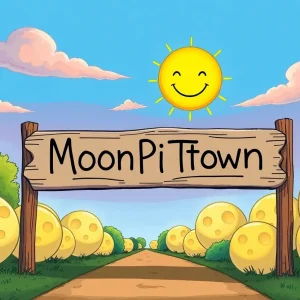 A playful sign indicating MoonPieTown with giant MoonPies in the background.