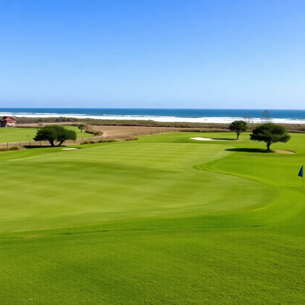 A panoramic view of Myrtle Beach golf courses with well-maintained greens and golfers in action.