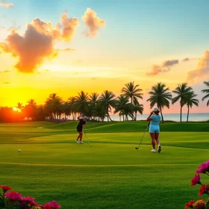 Women golfers on a lush Puerto Rico golf course during sunset
