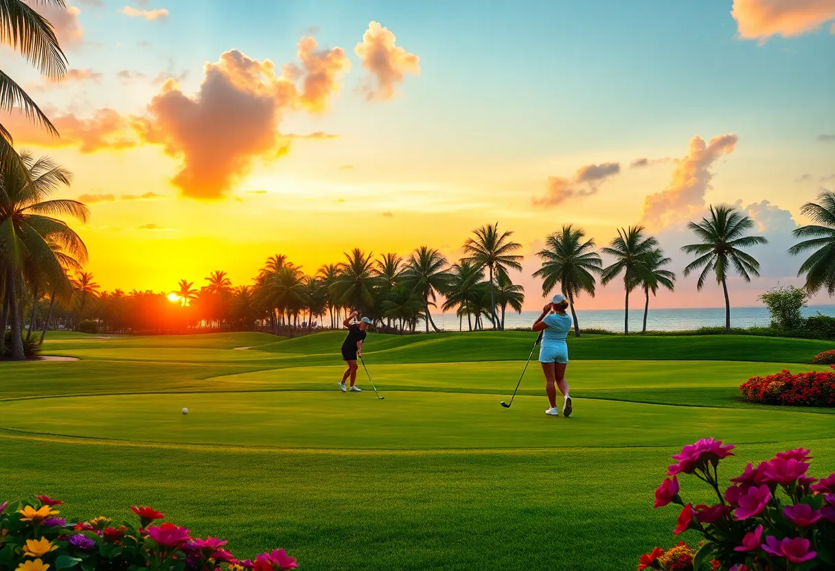 Women golfers on a lush Puerto Rico golf course during sunset