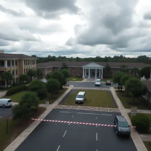 University campus preparing for hurricane with safety measures.