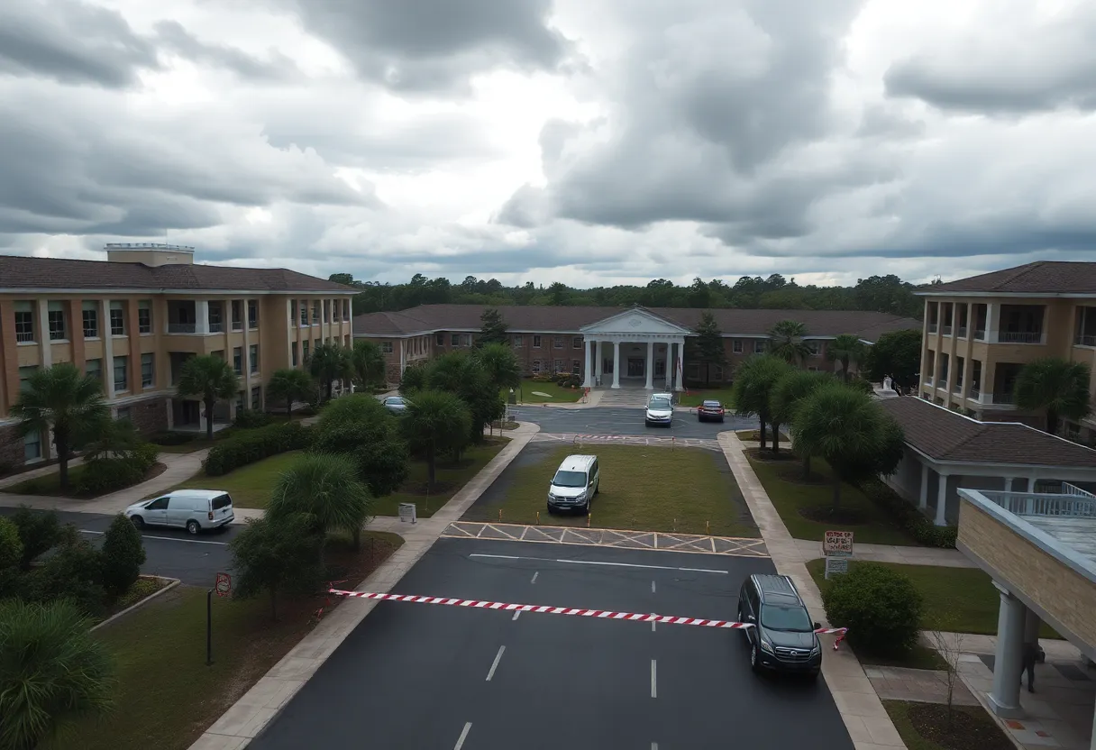 University campus preparing for hurricane with safety measures.