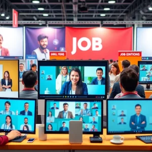 Virtual hiring fair in Northeast Florida with job seekers and employers interacting online.