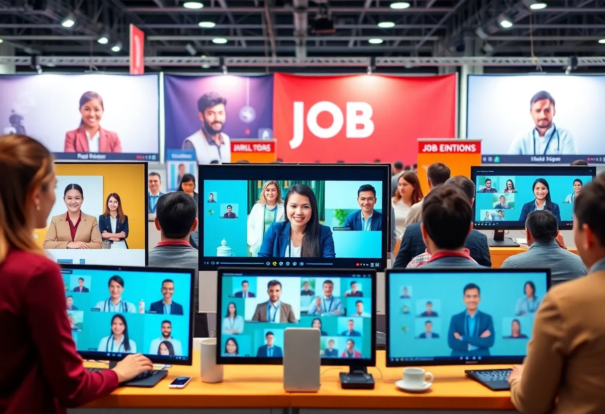 Virtual hiring fair in Northeast Florida with job seekers and employers interacting online.