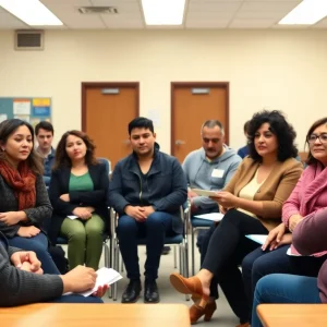 Group of concerned parents discussing school safety regarding ICE protocols