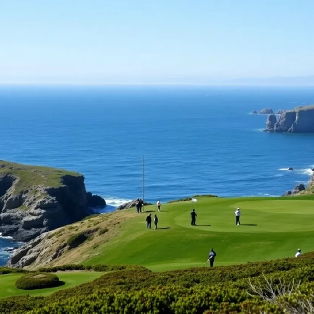 A panoramic view of Pebble Beach Golf Course with bright skies and players on the green.