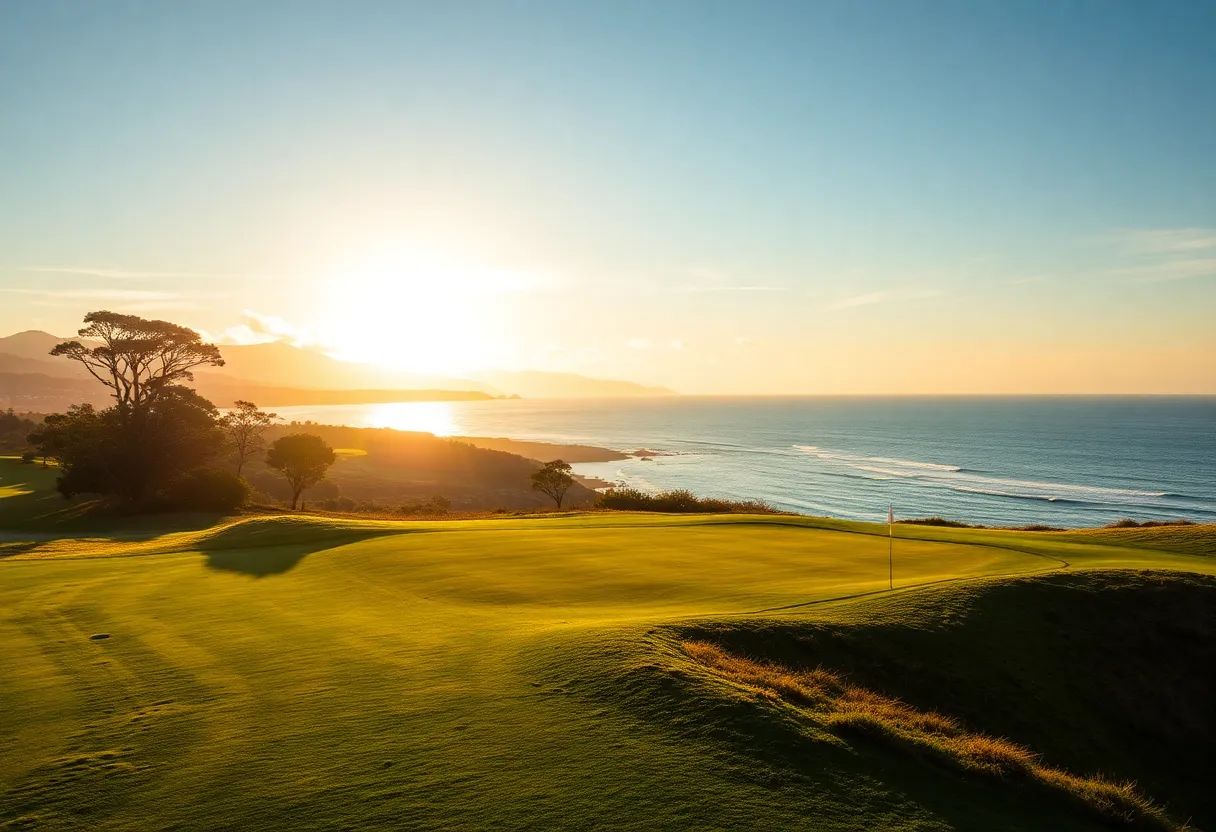 Golf course at Pebble Beach during sunset