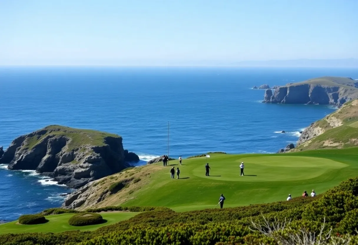 A panoramic view of Pebble Beach Golf Course with bright skies and players on the green.