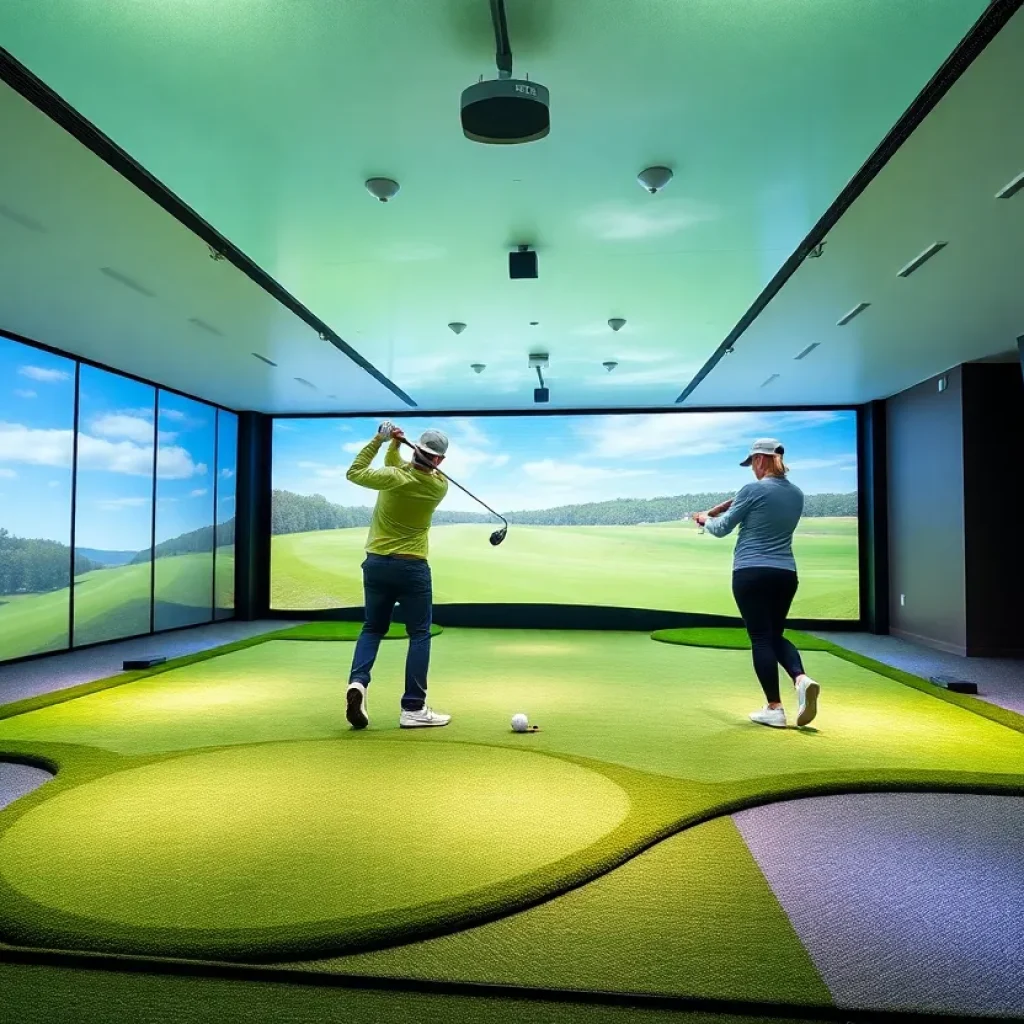 Golfers training on a futuristic golf platform with a tilting green.